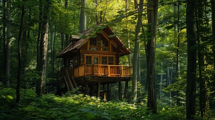 Wooden Cabin Hidden in the Forest: An old wooden cabin nestled amidst lush greenery, set in a tranquil and peaceful environment. This treehouse, shaded by the trees.