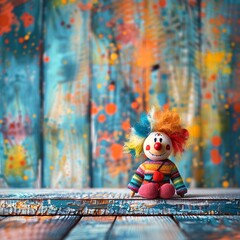white wooden table view background mockup rainbow circus themed room with a clown doll