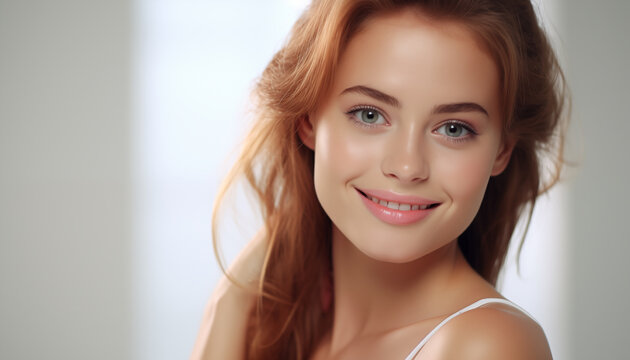 beautiful young smiling woman on a white background. 