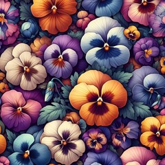 Seamless pattern with colorful pansy flowers. Generated AI