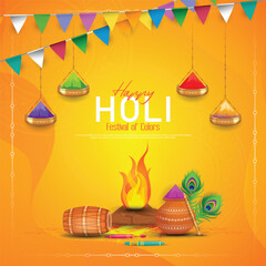 Happy holi festival poster template with holi powder color bowls on multicolor background.