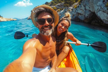 Radiant, happy couple sharing a selfie moment during a sunny kayak adventure in beautiful waters