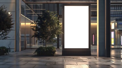 Blank white billboard standing in a street near modern building with glass windows. copy space. mockup. vertical. 