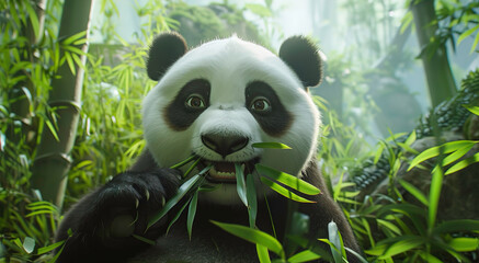 Giant panda eating bamboo in its natural habitat