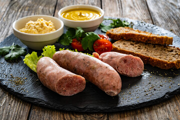 Easter breakfast - boiled white sausages, toasts and horseradish on wooden table
 - obrazy, fototapety, plakaty