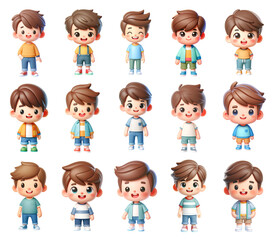Collection of 3D cartoon-style boy characters in various outfits, with cheerful expressions.