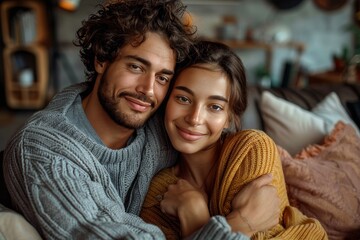 Fototapeta premium Close-up of a loving couple sharing an intimate embrace in cozy attire