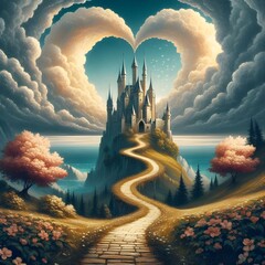 The path that leads to the castle and in the heart-shaped clouds illustrations.
 - obrazy, fototapety, plakaty