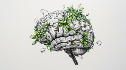 Detailed sketch of a brain interlaced with blossoming leaves and flowers, symbolizing mental growth and rejuvenation.