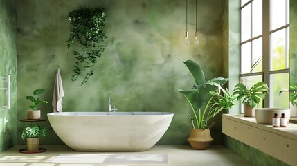 bathroom with green walls, large window and white washbasin. modern style