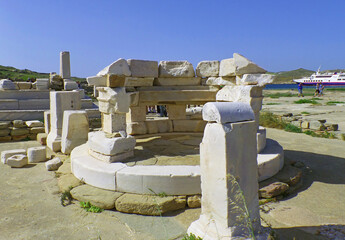 The remains of monument dedicated to Hermes at the ancient Agora of the Competaliasts, Delos...