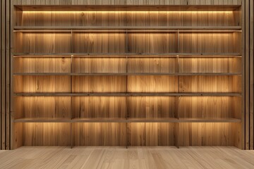 modern cinnamon empty bookshelf on light brown wooden wall with light 