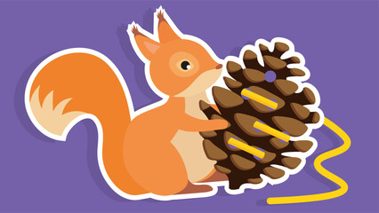 Squirrel with pine cone. Vector illustration in cartoon style on purple background.