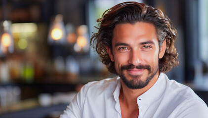 Fototapeta premium Portrait of a handsome young man smiling at the camera in a cafe