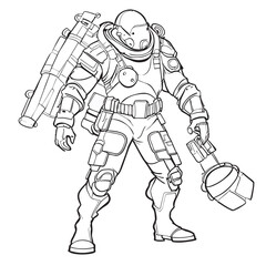 Fototapeta na wymiar concept art of space mechanic, wearing a suit in a style of the game mass effect with different things to work in a space realistic, vector illustration line art