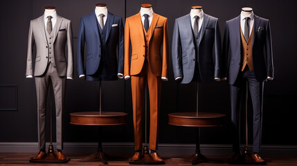 Men's stylish suits with shirt and tie on mannequin. Showcase of men's business clothes. The concept of presenting a new collection of men's classic clothes