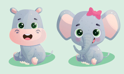 Cute elephant and hippo animal characters
