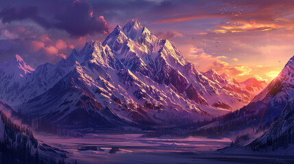 sunrise over a snow-capped mountain range