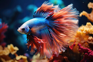Vibrant betta fish swimming gracefully in a beautifully decorated fish tank, showcasing its vibrant colors against a backdrop of aquatic plants and rocks in a mesmerizing underwater environment.