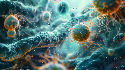 Microscopic view inside cell, banner with abstract background of microbiology, micro structure and life close-up. Concept of science, microscope, macro, biology and bacteria