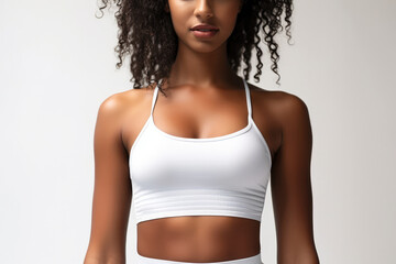 Obraz premium Sporty and determined dark-skinned female displaying confidence in a fashionable white sports attire, set against a pure white backdrop.