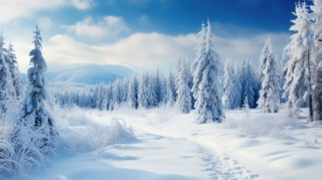Peaceful and serene winter landscape with snow-covered fir trees standing against a backdrop of a pristine and tranquil snowy scenery, evoking a sense of calm and beauty in nature.