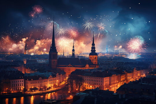 Vibrant bursts of fireworks light up the dark night sky, creating a stunning display over the authentic city, with its distinctive architecture and dazzling skyline.