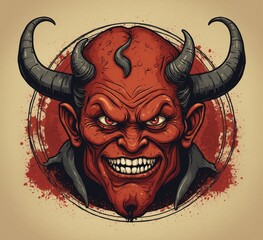 Vintage vector illustration of devil head with horns and aggressive expression.