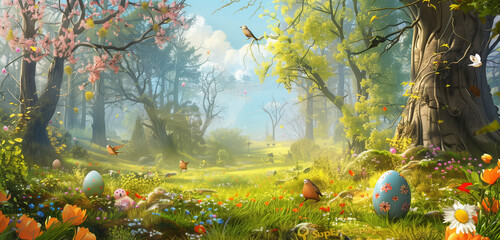 A whimsical Easter egg hunt in a sunlit meadow surrounded by towering trees and chirping birds,Whimsical Easter Egg Hunt: Sunlit Meadow, Towering Trees, and Chirping Birds.
 - obrazy, fototapety, plakaty