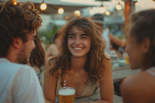 Friends gather on the rooftop, sipping drinks, sharing laughter. Youthful energy fills the air as they enjoy the summer, forming bonds that last a lifetime