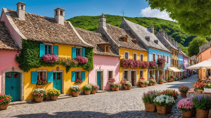 Obraz premium Imagine a sweet little village square with pastel-colored cottages.