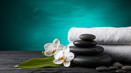 Obraz na płótnie Canvas Spa concept, folded white towels, smooth black stones and white orchids on a beautiful turquoise background, isolated. The beauty of spa procedures and the concept of relaxation.