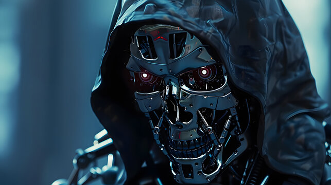 Evil skeleton robot in metal armor. Skull of futuristic evil cyborg in hood. Technology, robotics, artificial intelligence and future concept.