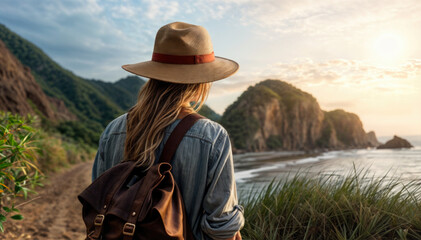 Young woman traveler with backpack and hat looking at the sea and mountains. - obrazy, fototapety, plakaty
