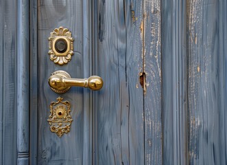 antique ornate gold door handle on a blue wall