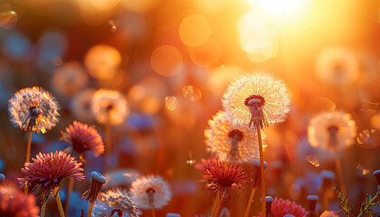 Spring meadow wildflower field with dandelion at orange sunset. Fluffy dandelion against sunset...