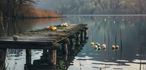 Rene lakeside scene with a wooden pier adorned with Easter decorations, reflecting in calm...
