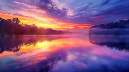lake reflecting the colors of the sunrise sky, with mist