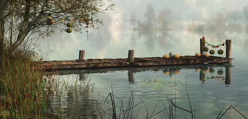 Rene lakeside scene with a wooden pier adorned with Easter decorations, reflecting in calm waters,Tranquil Lakeside Charm: Wooden Pier with Easter Decorations Reflecting in Calm Waters