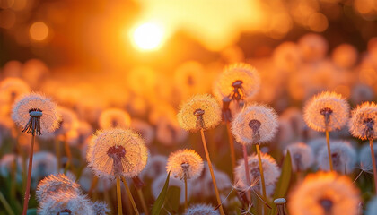 Spring meadow wildflower field with dandelion at orange sunset. Fluffy dandelion against sunset front sun close up, blurred background. Ikebana of dried Dandelion flowers colorful orange and yellow  - Powered by Adobe