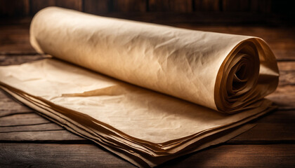 A blank, crumpled piece of parchment paper lying on a wooden surface, with a knife placed to its left. The warm lighting accentuates the textures of both the paper and wood. - obrazy, fototapety, plakaty