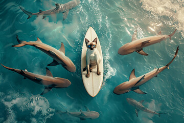 cute siamese cat sitting on surfboard surrounded by sharks in crystal clear water, top view