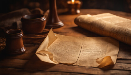 A blank, crumpled piece of parchment paper lying on a wooden surface, with a knife placed to its left. The warm lighting accentuates the textures of both the paper and wood.