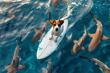cute brown jack russell dog sitting on surfboard surrounded by sharks in crystal clear water, top...