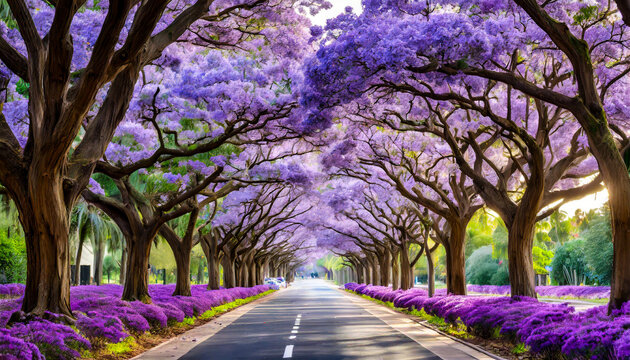 Beautiful street covered by Jacaranda trees and flowers