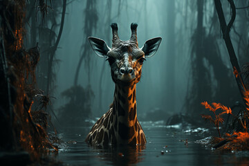 giraffe stands in the water, small bird is perched on top of its horns, trees submerged by rising waters - obrazy, fototapety, plakaty
