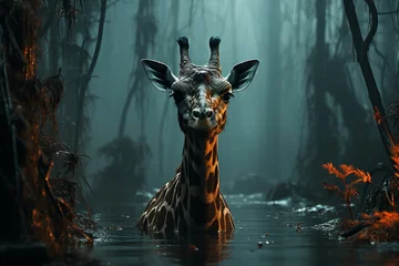 Rolgordijnen giraffe stands in the water, small bird is perched on top of its horns, trees submerged by rising waters © zgurski1980