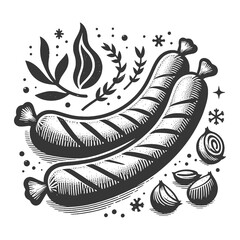 Grilled sausages sketch engraving generative ai raster illustration. Scratch board imitation. Black and white image.