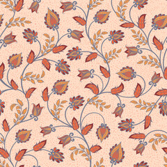 Intertwining branches with flowers and leaves. Seamless pattern in Indian kalamkari style. Delicate shades of beige, nude.
