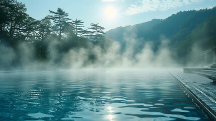 Steam rising from warm pools in a serene setting background